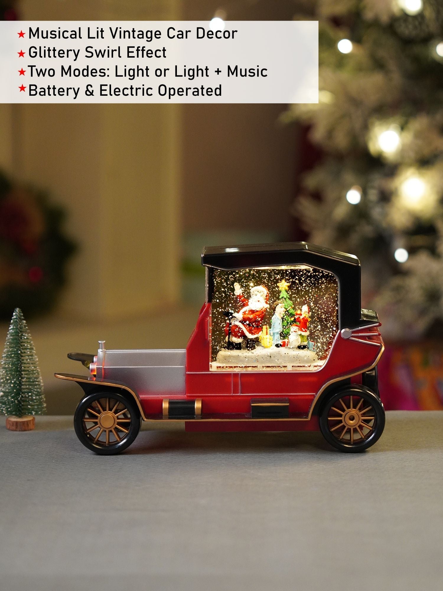 Little Surprise Box Red & Silver Vintage Car with Musical Glitter Water Light, Christmas Home Décor - Christmas Decor