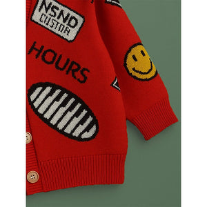 Little Surprise Box Red Smiley Print Button Down Winter Cardigan, Winter Cardigan Sweater for Kids - 1 - 2 Years Kids Sweater