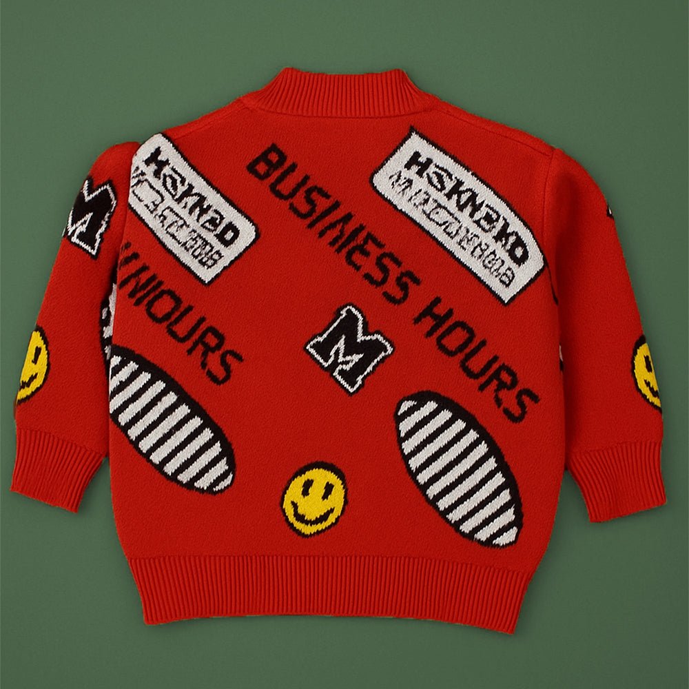 Little Surprise Box Red Smiley Print Button Down Winter Cardigan, Winter Cardigan Sweater for Kids - 1 - 2 Years Kids Sweater