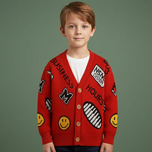 Little Surprise Box Red Smiley Print Button Down Winter Cardigan, Winter Cardigan Sweater for Kids - 1 - 2 Years Kids Sweater