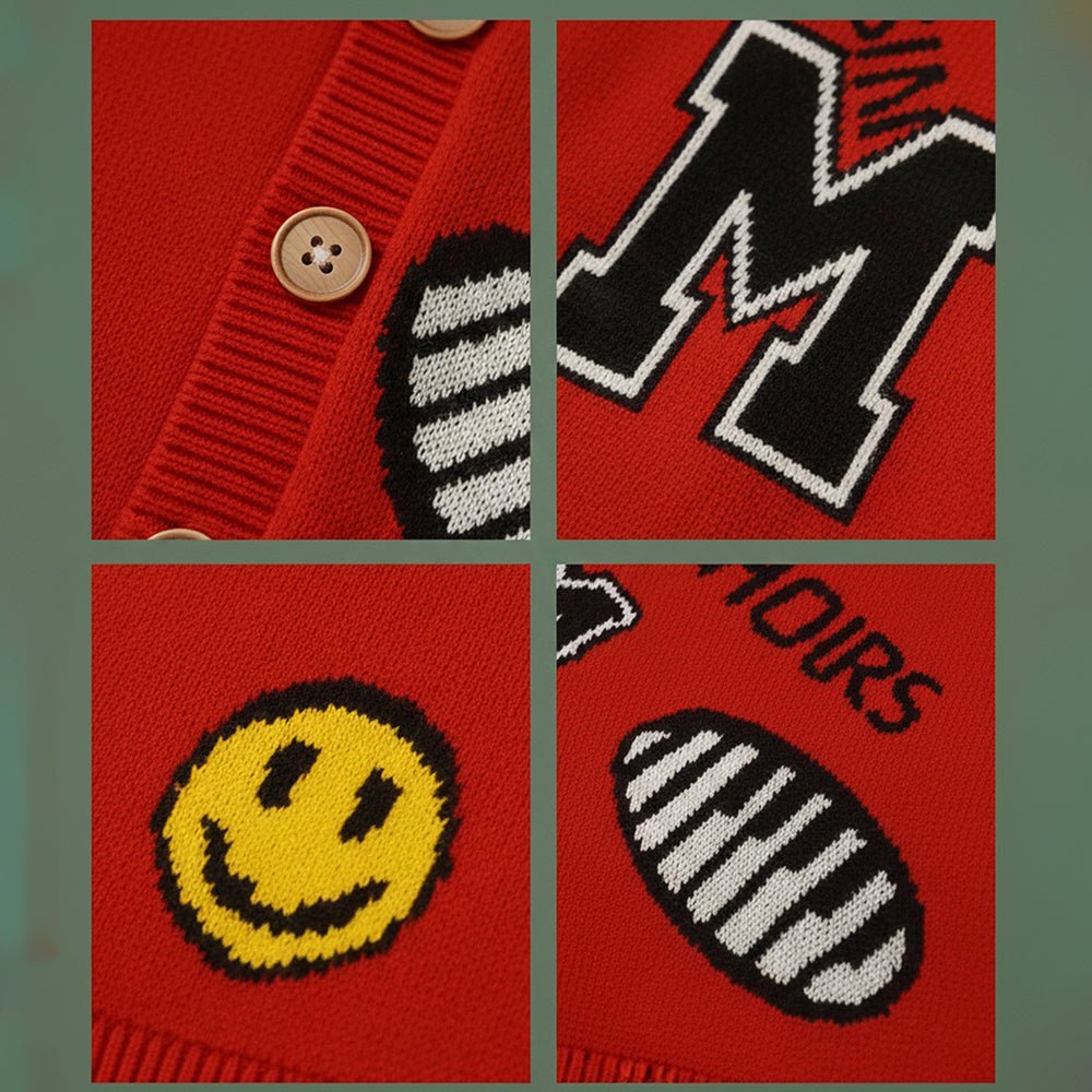 Little Surprise Box Red Smiley Print Button Down Winter Cardigan, Winter Cardigan Sweater for Kids - 1 - 2 Years Kids Sweater
