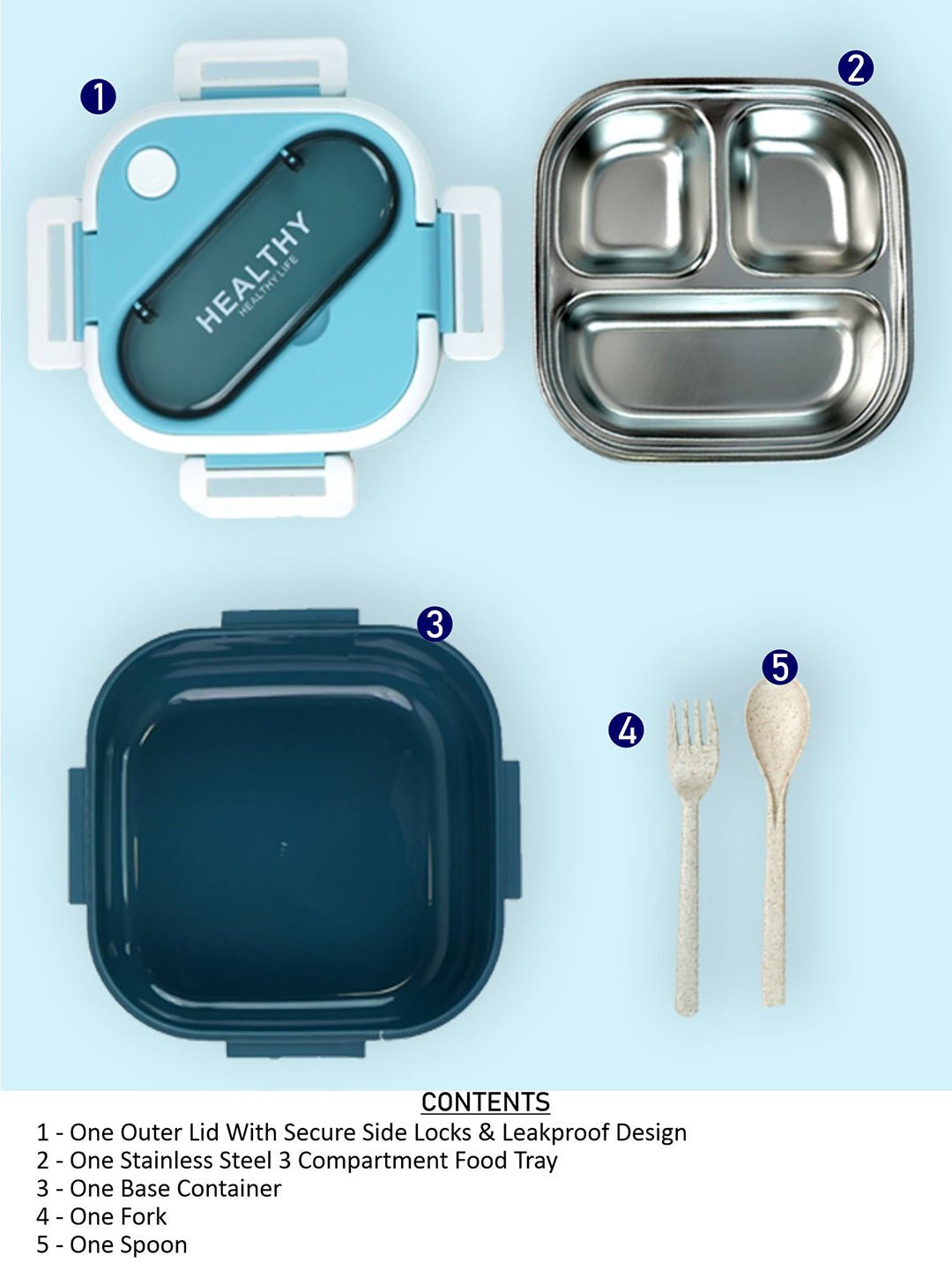 Little Surprise Box Rounded Square Stainless Steel Kids Lunch Box - LSB - LB - BLU - ROUNDSQR