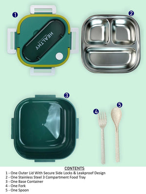Little Surprise Box Rounded Square Stainless Steel Kids Lunch Box - LSB - LB - GRN - ROUNDSQR
