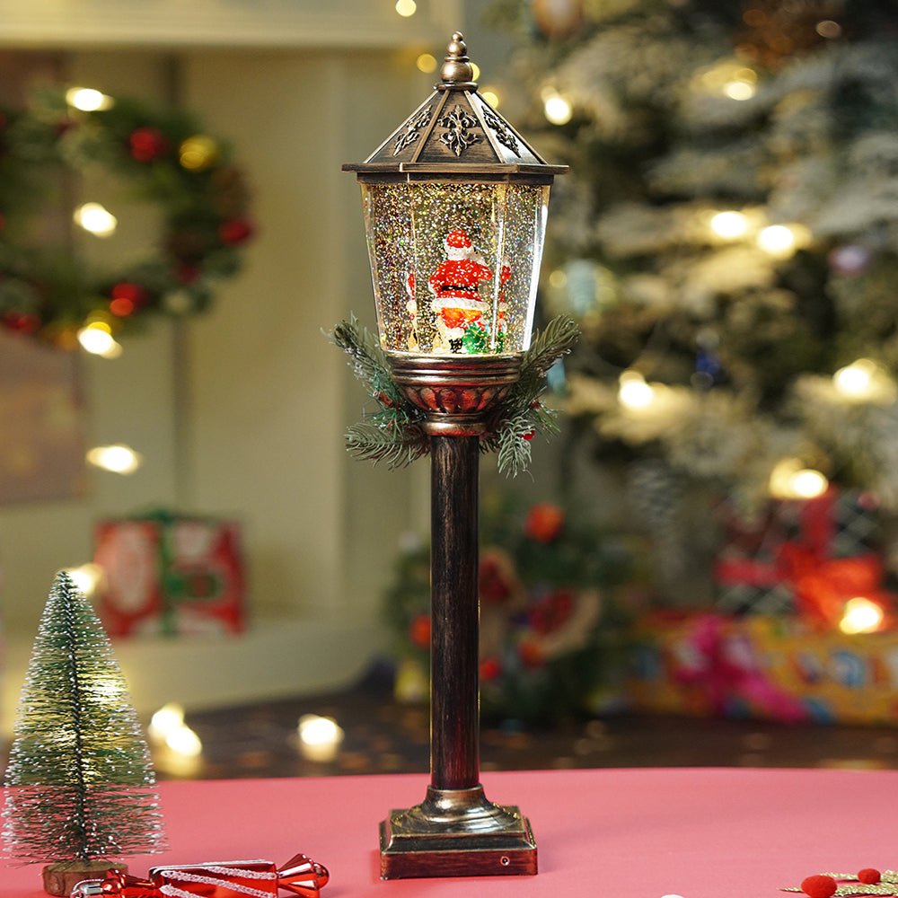 Little Surprise Box Santa Puppy Vintage Street lamp style, Glitter water with lights christmas home and table décor - Christmas Decor
