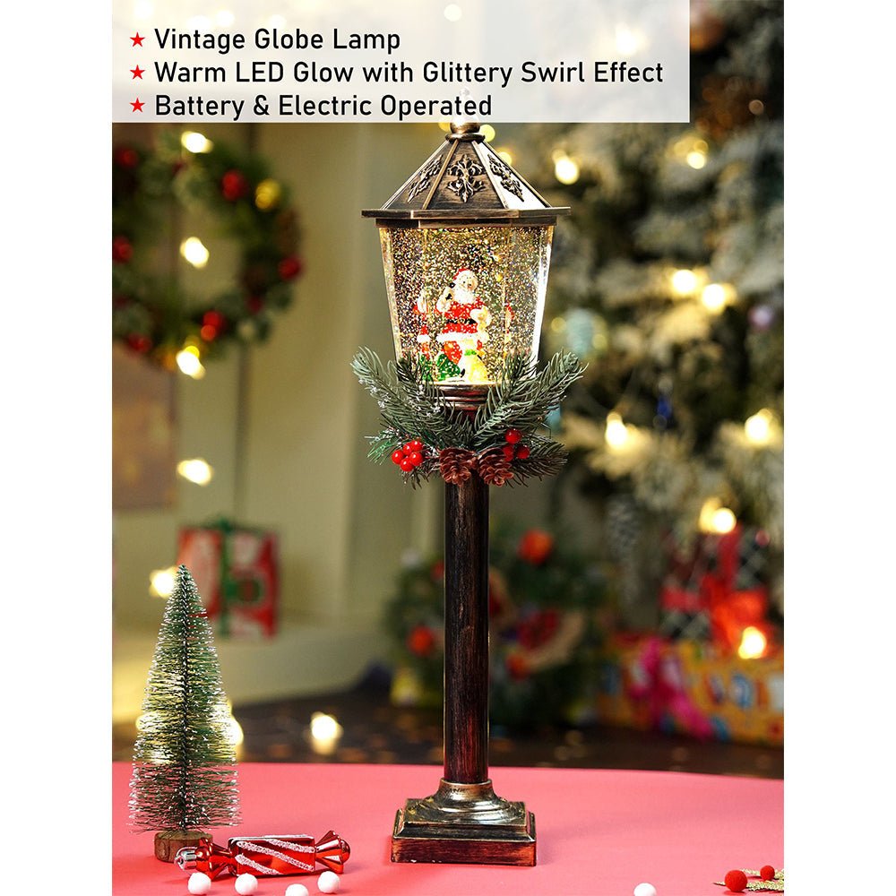 Little Surprise Box Santa Puppy Vintage Street lamp style, Glitter water with lights christmas home and table décor - Christmas Decor