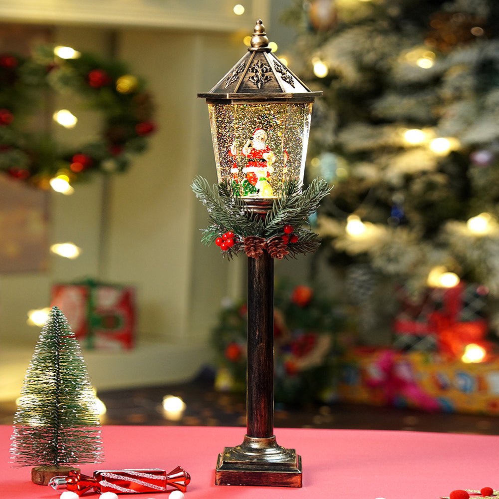 Little Surprise Box Santa Puppy Vintage Street lamp style, Glitter water with lights christmas home and table décor - Christmas Decor