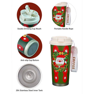 Little Surprise Box Santa Wreath, Christmas themed, Xmas stainless steel Coffee/Water Tumbler Bottle, 500ml with free cleaning brush - XMAS BOTTLES