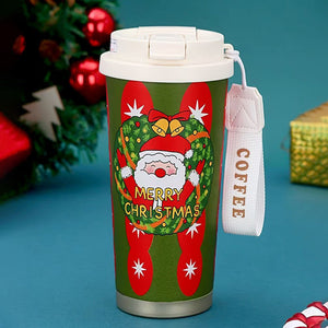 Little Surprise Box Santa Wreath, Christmas themed, Xmas stainless steel Coffee/Water Tumbler Bottle, 500ml with free cleaning brush - XMAS BOTTLES