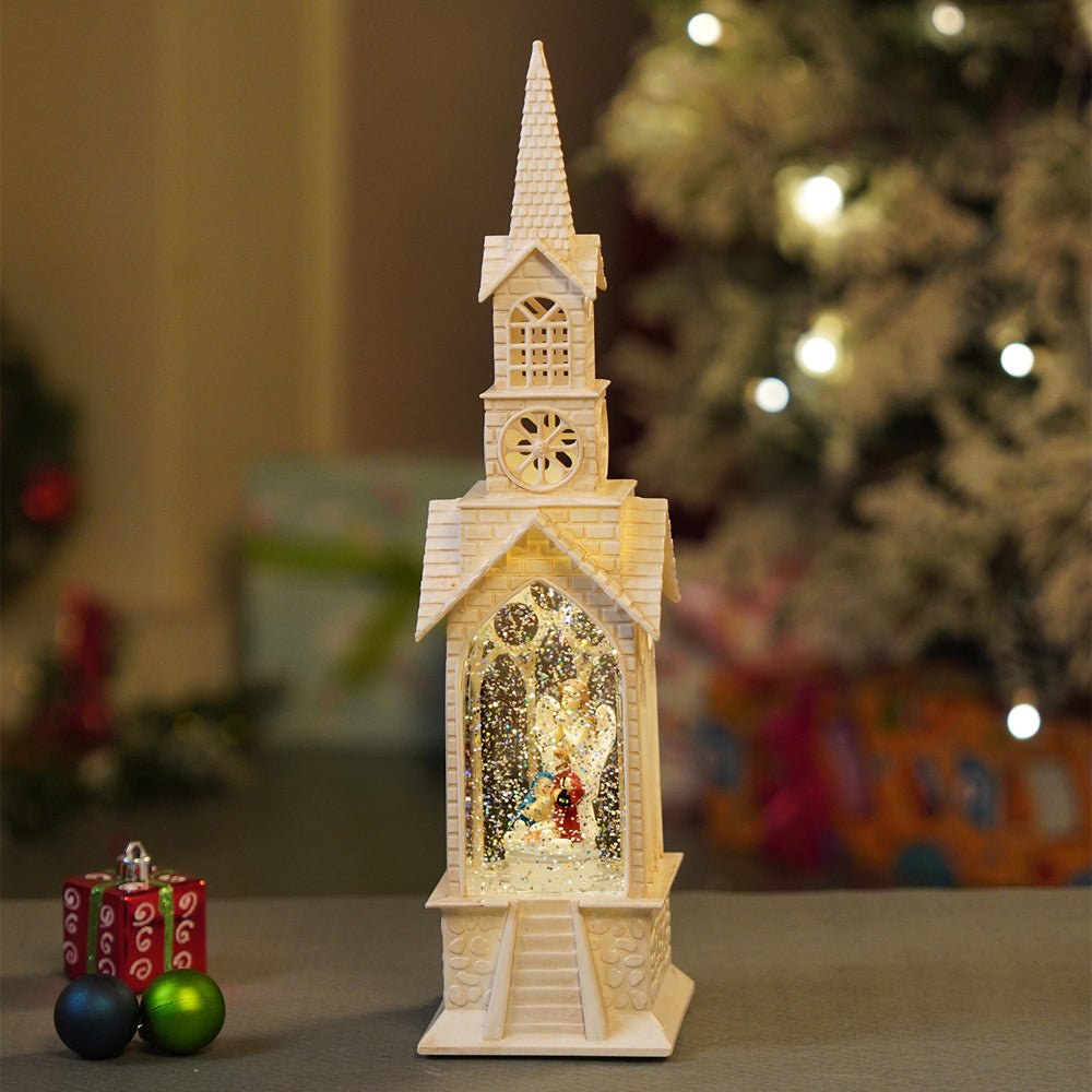 Little Surprise Box Single Tower Church with Holy Family Decor with Musical Glitter Water, Rotation & Light, Christmas Home Décor - Christmas Decor