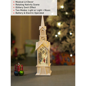 Little Surprise Box Single Tower Church with Holy Family Decor with Musical Glitter Water, Rotation & Light, Christmas Home Décor - Christmas Decor