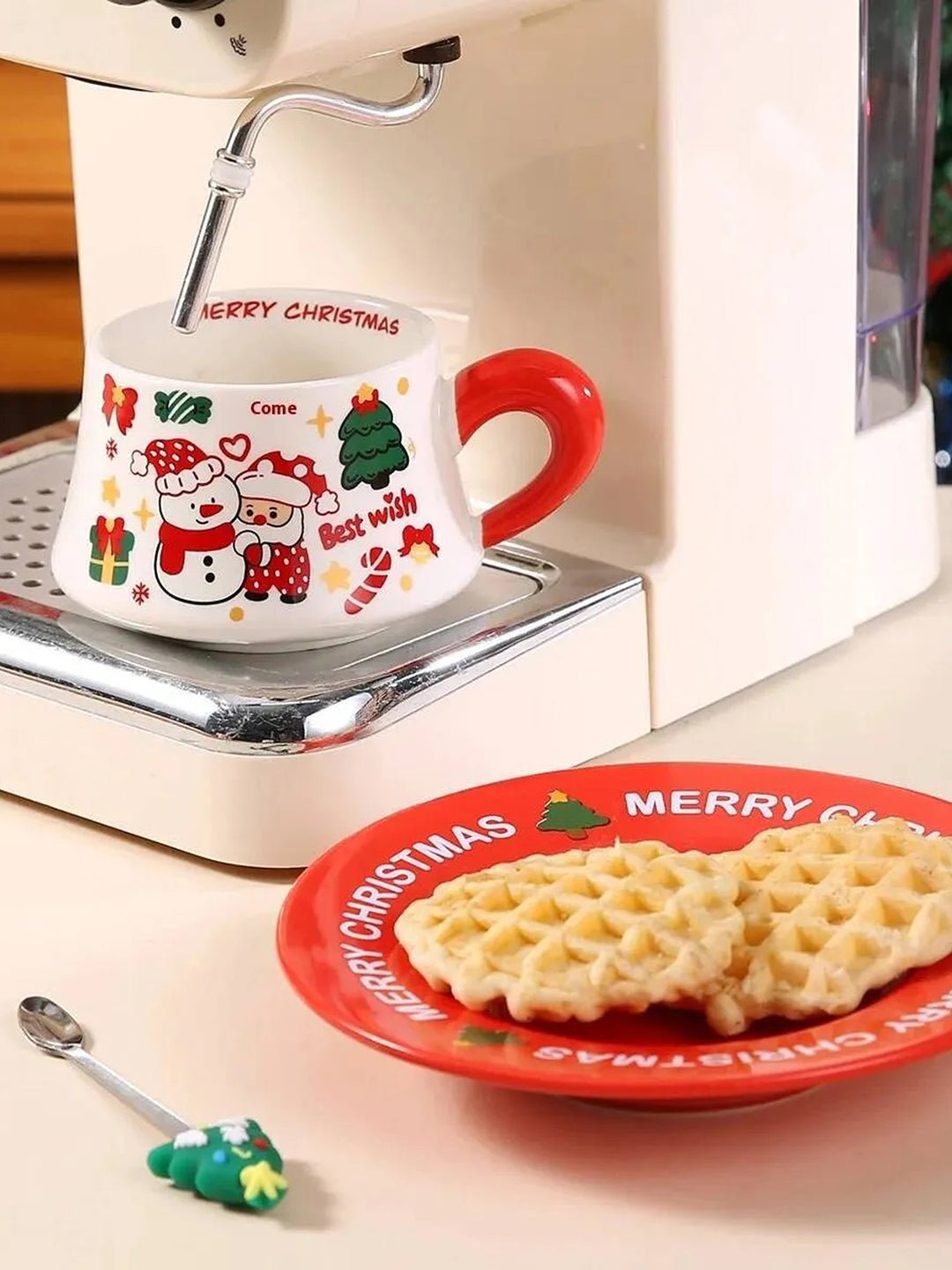 Little Surprise Box, Snowman with Santa Christmas themed Ceramic Cup & Saucer with 3D Christmas Tree Spoon Gift Box Set - Christmas Cutlery