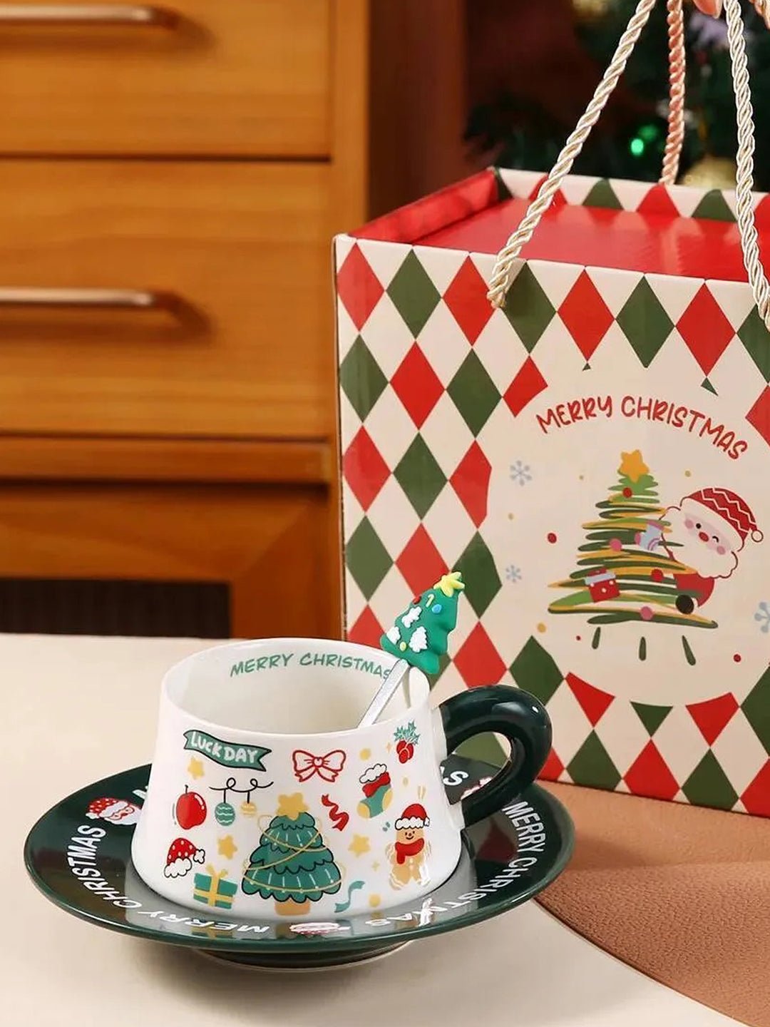 Little Surprise Box, Star Tree Ceramic Cup & Saucer with 3D Christmas Tree Spoon Gift Box Set - Christmas Cutlery