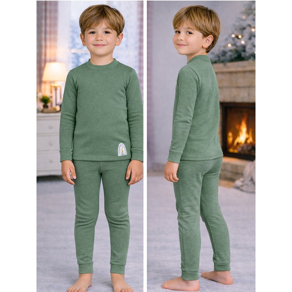 Little Surprise Box Stripes Dark Green Round Neck Upper & Lower Body Thermal Winter Warmers - 2 - 3 Years Kids Thermal Wear