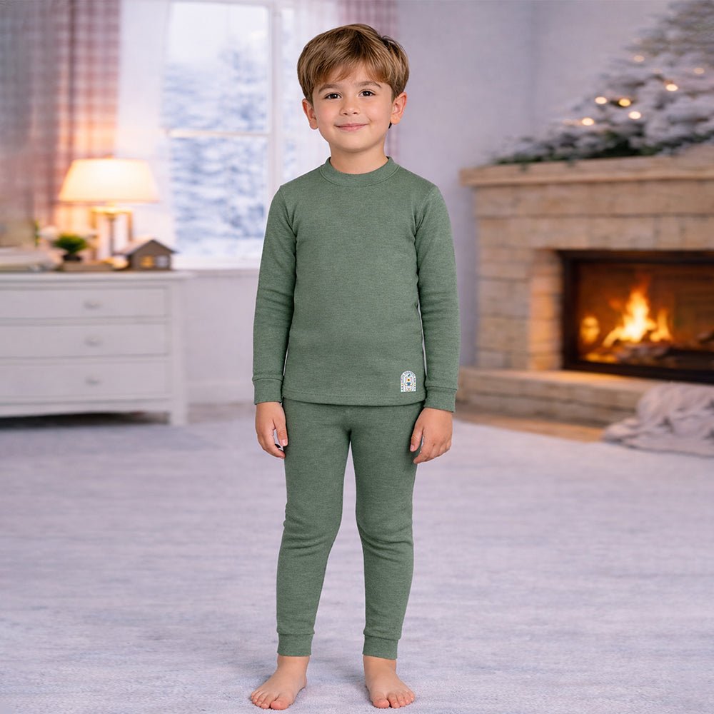 Little Surprise Box Stripes Dark Green Round Neck Upper & Lower Body Thermal Winter Warmers - 2 - 3 Years Kids Thermal Wear