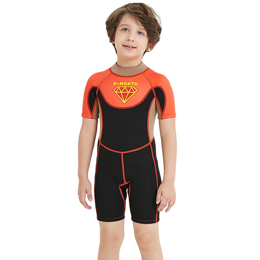 Little Surprise Box Superhero Brown & Orange 2.5mm Neoprene Knee Length Kids Half Sleeves Swimwear - LSB-SW-SUHEROBRWORN-S