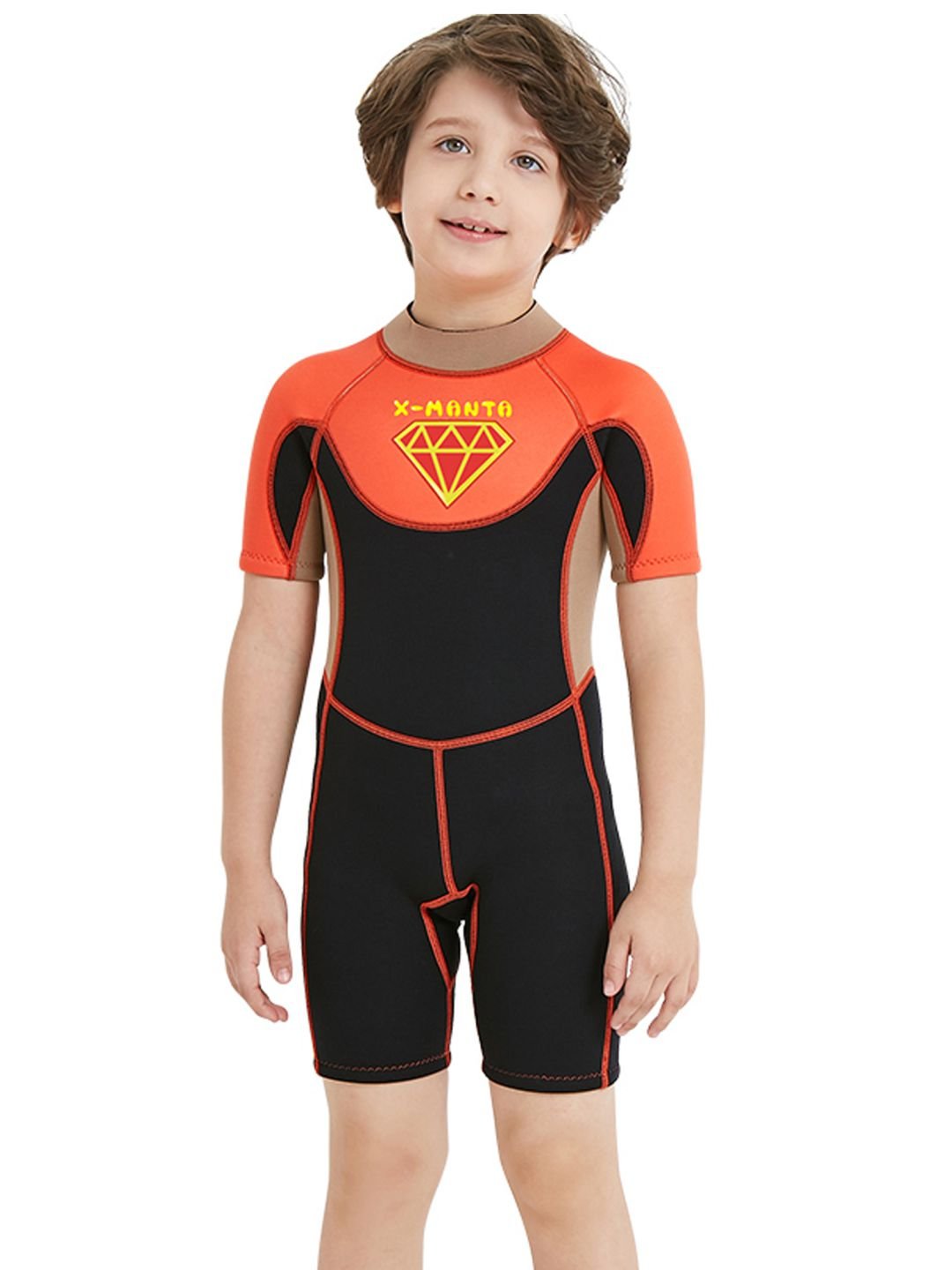 Little Surprise Box Superhero Brown & Orange 2.5mm Neoprene Knee Length Kids Half Sleeves Swimwear - LSB - SW - SUHEROBRWORN - S