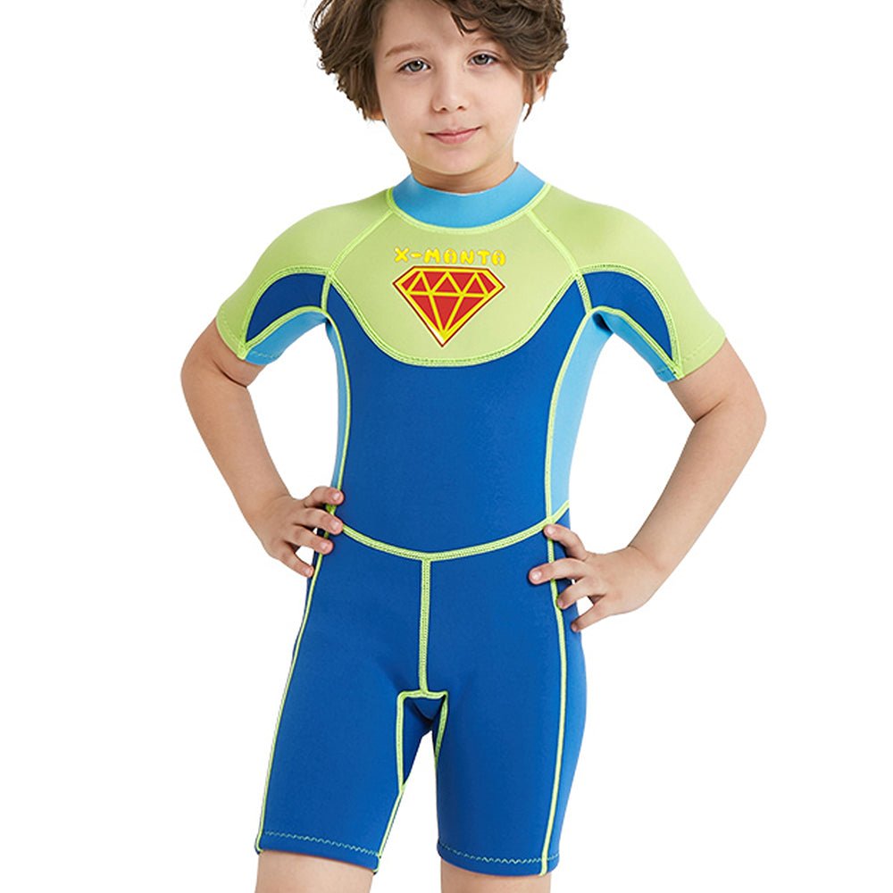 Little Surprise Box Superhero Green & Blue 2.5mm Neoprene Knee Length Kids Half Sleeves Swimwear - LSB-SW-SUHEROGRNBLU-S