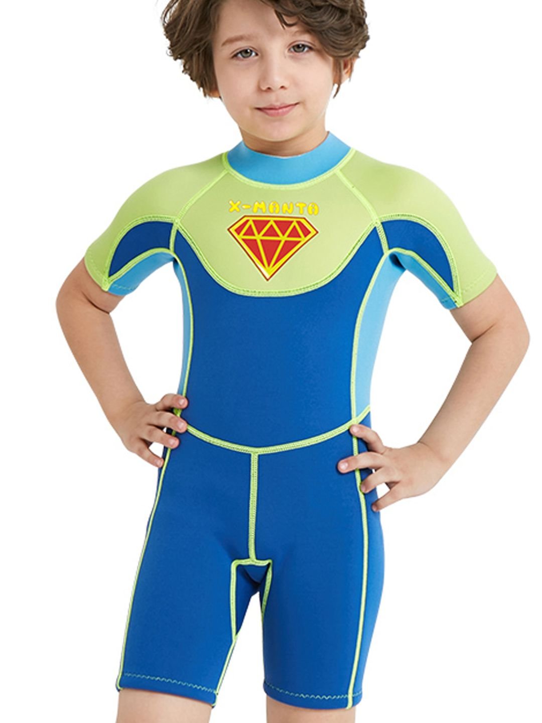 Little Surprise Box Superhero Green & Blue 2.5mm Neoprene Knee Length Kids Half Sleeves Swimwear - LSB - SW - SUHEROGRNBLU - S