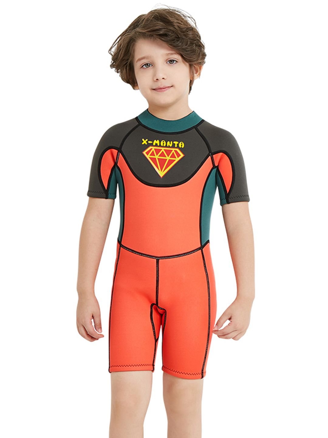 Little Surprise Box Superhero Green & Orange 2.5mm Neoprene Knee Length Kids Swimsuit, Half Sleeves Swimwear - LSB - SW - SUHEROGRNORN - S