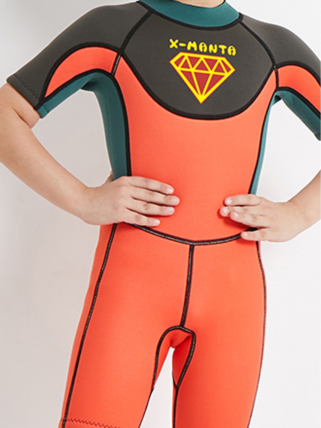 Little Surprise Box Superhero Green & Orange 2.5mm Neoprene Knee Length Kids Swimsuit, Half Sleeves Swimwear - LSB - SW - SUHEROGRNORN - S