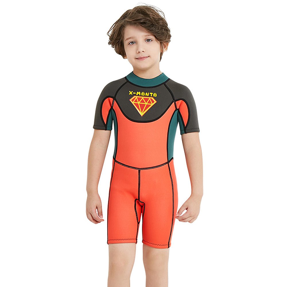 Little Surprise Box Superhero Green & Orange 2.5mm Neoprene Knee Length Kids Swimsuit, Half Sleeves Swimwear - LSB-SW-SUHEROGRNORN-S
