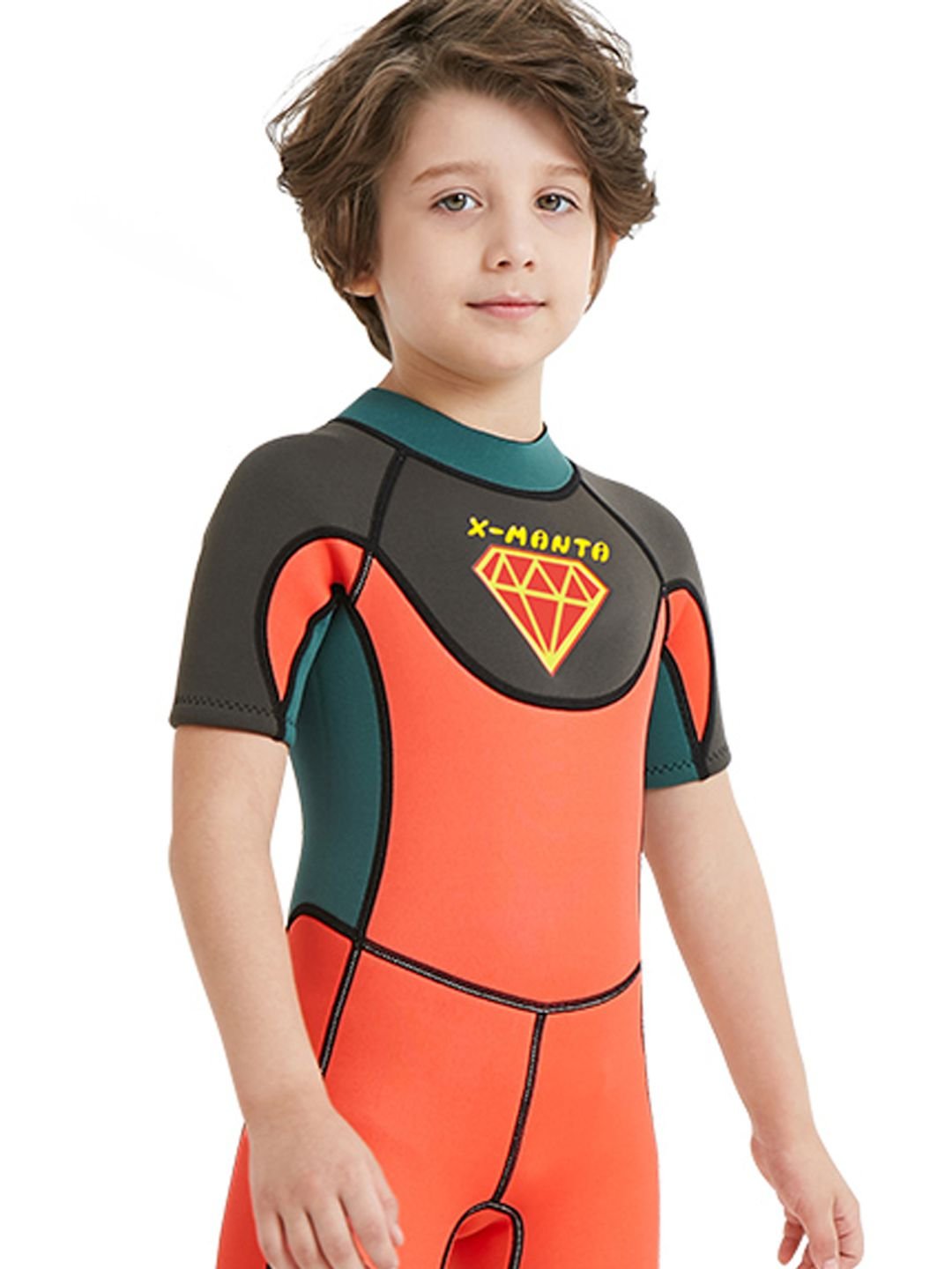 Little Surprise Box Superhero Green & Orange 2.5mm Neoprene Knee Length Kids Swimsuit, Half Sleeves Swimwear - LSB - SW - SUHEROGRNORN - S