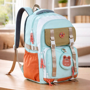 Little Surprise Box Teal, Orange & Brown Color - Block with Character Pouch School Backpack for Kids - School Bag