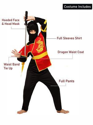 Little Surprise Box, The Black & Red Dragon Ninja, Kids Halloween Costume Fancy Dress Up - LSB - HWC - BLKREDNINJA - 7 - 9Y