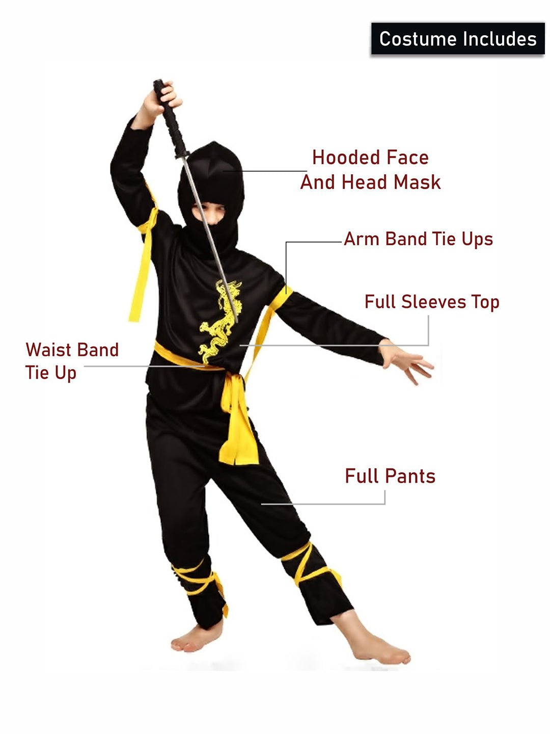 Little Surprise Box, The Black & Yellow Dragon Ninja, Kids Halloween Costume Fancy Dress Up - LSB - HWC - BLKYELWNINJA - 7 - 9Y