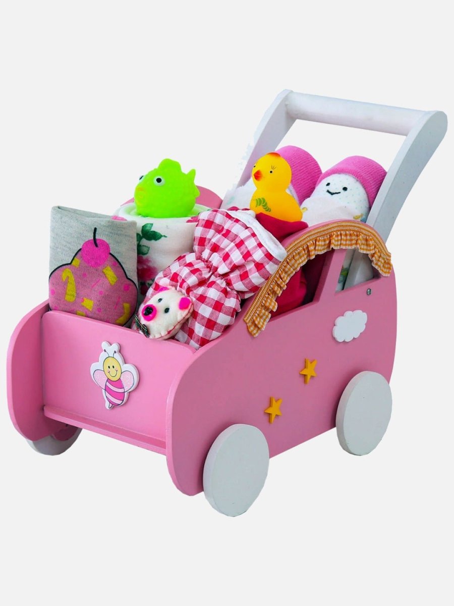Little Surprise Box to 12 months Baby Girl Gift Toy Wooden Pram Hamper - LSB-NBH-PRMPNK