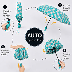 Little Surprise Box Turquoise Frills Checks Umbrella | The Mom Store - Monsoon Wear