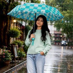 Little Surprise Box Turquoise Frills Checks Umbrella | The Mom Store - Monsoon Wear