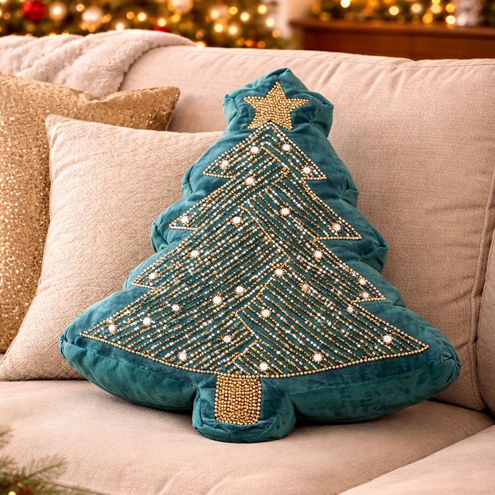 Little Surprise Box, Velvet Beaded Christmas Tree shaped Christmas Pillow Home Décor - Throw Pillow