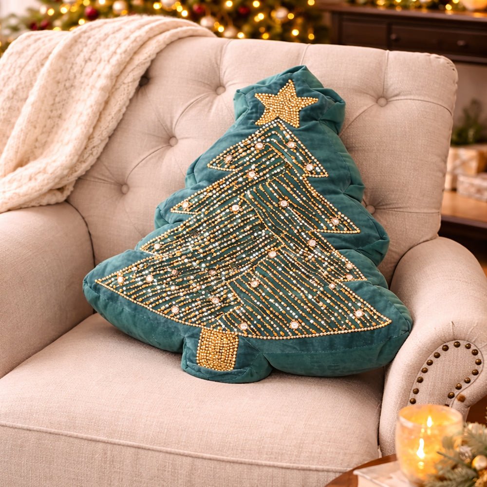 Little Surprise Box, Velvet Beaded Christmas Tree shaped Christmas Pillow Home Décor - Throw Pillow
