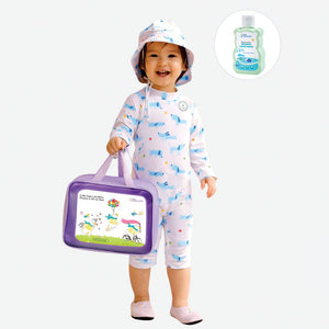Little Surprise Box White & Blue Dog Kids Swimwear Set + Hat, Wash Bag & Detergent - 3 - 4 Years Kids Swimwear