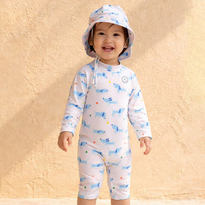 Little Surprise Box White & Blue Dog Kids Swimwear Set + Hat, Wash Bag & Detergent - 3 - 4 Years Kids Swimwear