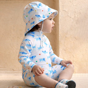 Little Surprise Box White & Blue Dog Kids Swimwear Set + Hat, Wash Bag & Detergent - 3 - 4 Years Kids Swimwear