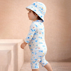 Little Surprise Box White & Blue Dog Kids Swimwear Set + Hat, Wash Bag & Detergent - 3 - 4 Years Kids Swimwear