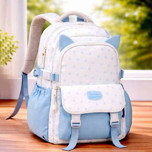 Little Surprise Box White & Blue Star Print, Ear Detailed School Backpack for Kids - School Bag