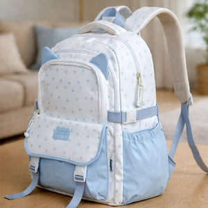 Little Surprise Box White & Blue Star Print, Ear Detailed School Backpack for Kids - School Bag