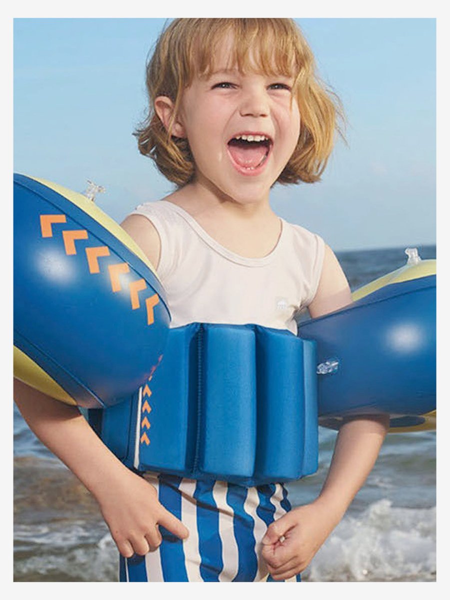 Little Surprise Box White & Blue Stripes Kids Swimsuit with attached Swim Floats +tie up cap in UPF 50+ - LSB-SW-WHTBLUSTRPFLOAT110