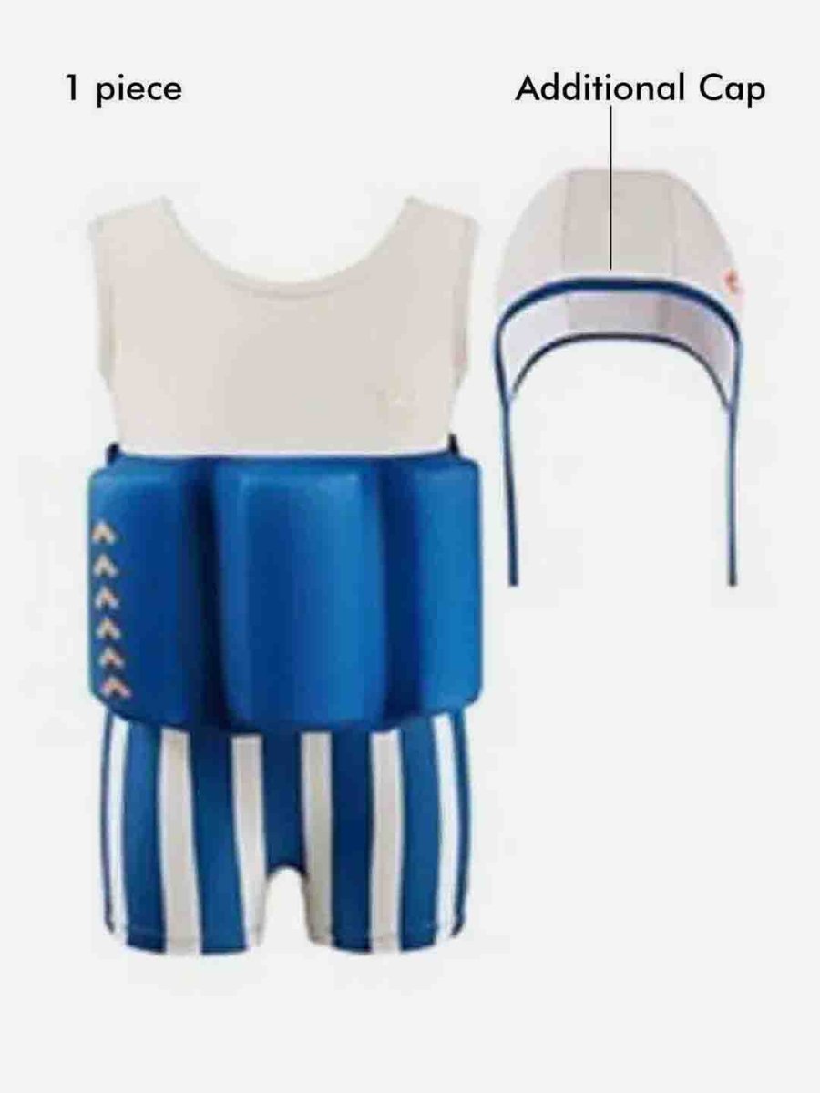 Little Surprise Box White & Blue Stripes Kids Swimsuit with attached Swim Floats +tie up cap in UPF 50+ - LSB-SW-WHTBLUSTRPFLOAT110