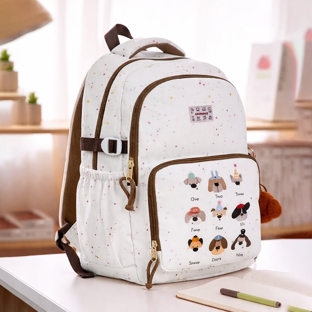 Little Surprise Box White Dots Doggy Print Kids Backpack with Plush Keychain - School Bag