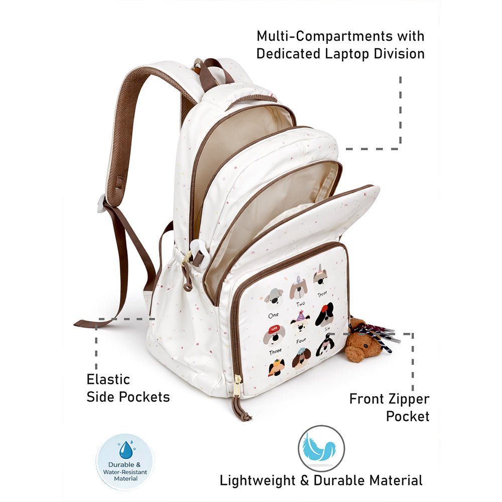 Little Surprise Box White Dots Doggy Print Kids Backpack with Plush Keychain - School Bag