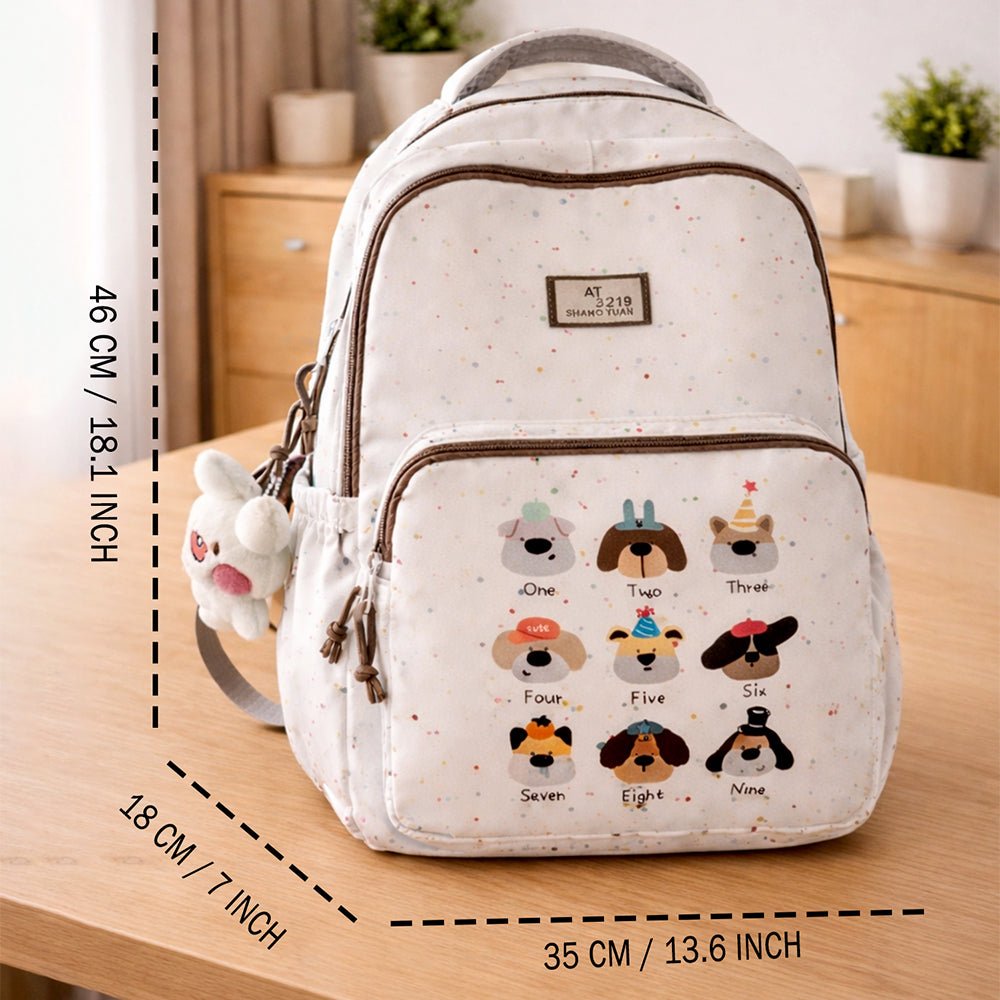 Little Surprise Box White Dots Doggy Print Kids Backpack with Plush Keychain - School Bag
