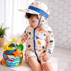 Little Surprise Box White Dotted Dino World Swimwear Set + Long Cap, Wash Bag & Detergent - 2 - 3 Years Kids Swimwear