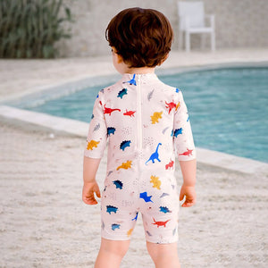 Little Surprise Box White Dotted Dino World Swimwear Set + Long Cap, Wash Bag & Detergent - 2 - 3 Years Kids Swimwear