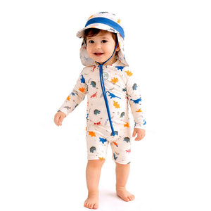Little Surprise Box White Dotted Dino World Swimwear Set + Long Cap, Wash Bag & Detergent - 2 - 3 Years Kids Swimwear