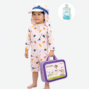Little Surprise Box White Dotted Dino World Swimwear Set + Long Cap, Wash Bag & Detergent - 2 - 3 Years Kids Swimwear