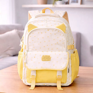 Little Surprise Box White & Pastel Yellow Star Print, Ear Detail School Backpack for Kids - School Bag